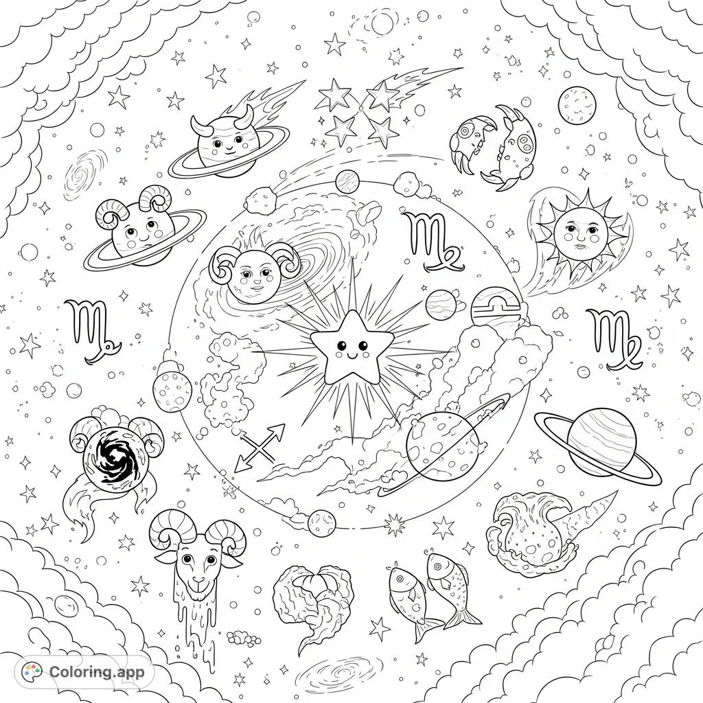 Explore the cosmic ballet of all twelve astrological signs in a majestic celestial procession around a central star, set against nebulae and cosmic dust.