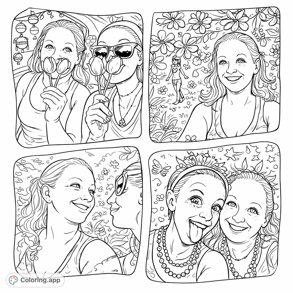 Capture joyous, whimsical friendship moments in this playful coloring page. Four unique panels feature friends, flowers, and fun expressions for creative coloring.