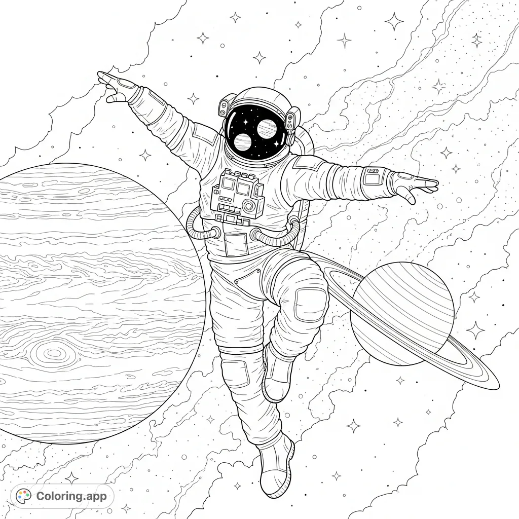 A dynamic cosmonaut dances among the stars, with majestic Jupiter and Saturn as a breathtaking backdrop. Explore the cosmos with your colors!