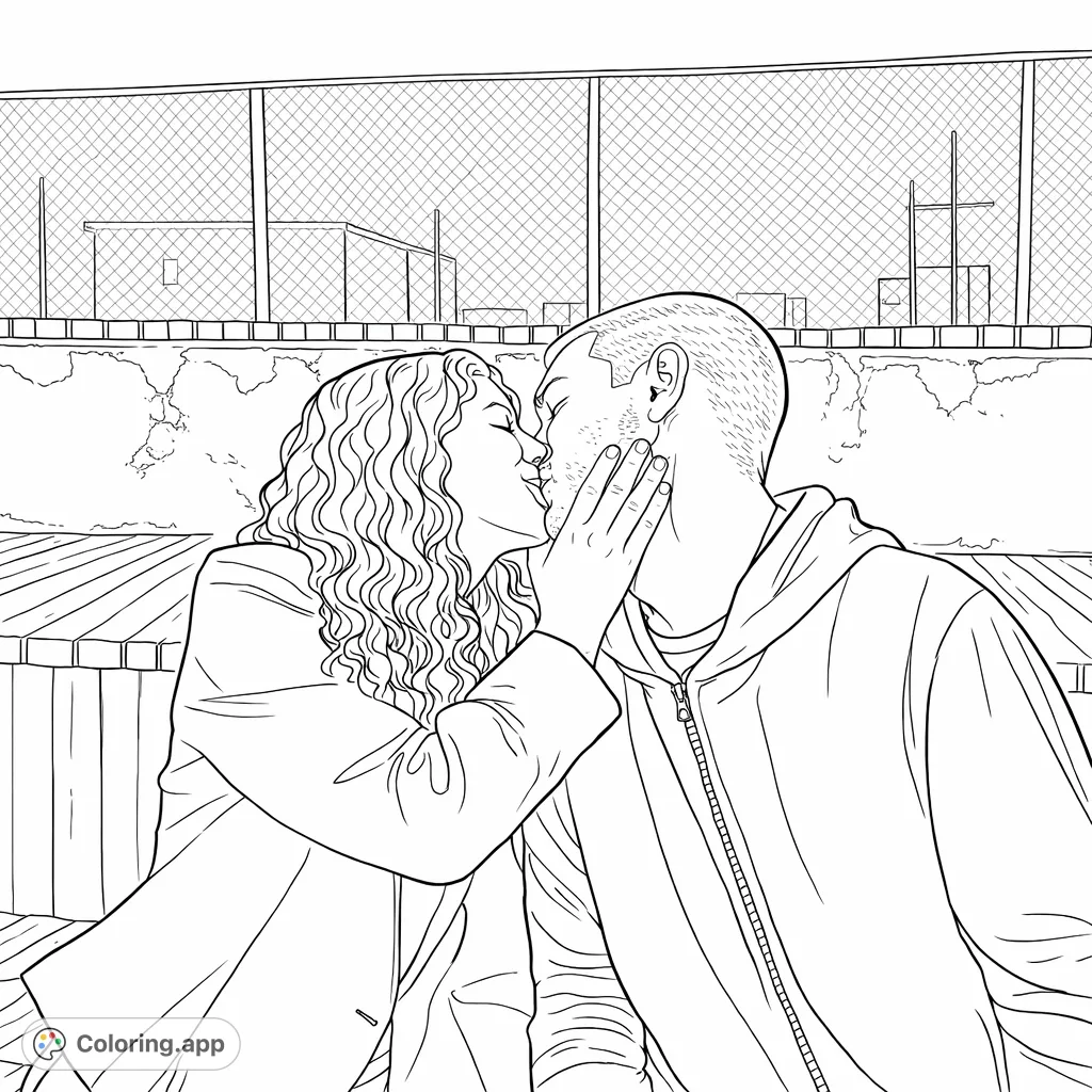 Capture a tender moment between a loving couple with this intricate romantic coloring page. Features detailed hair, clothing, and an urban-night background.