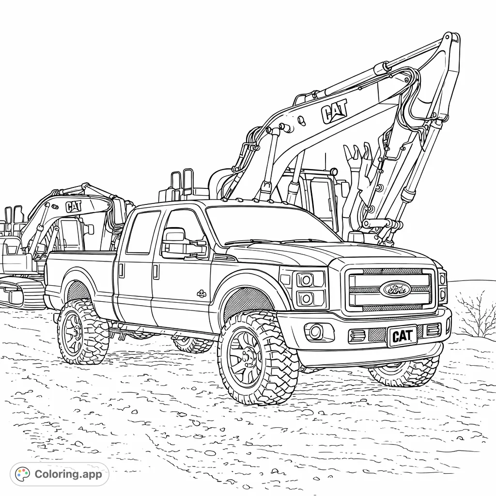 Color a powerful pickup truck and two large excavators on a rugged job site. Perfect for fans of construction and heavy machinery.