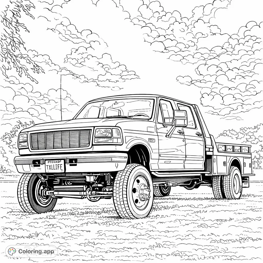 A powerful lifted dually flatbed truck stands ready for action under a dynamic sky. Perfect for truck enthusiasts to personalize with their favorite shades.