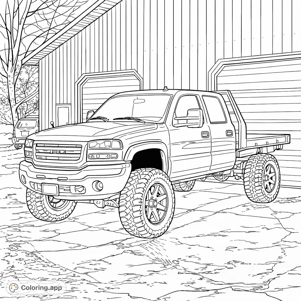 Color this detailed lifted flatbed truck with custom wheels against an industrial garage background. Perfect for vehicle enthusiasts!