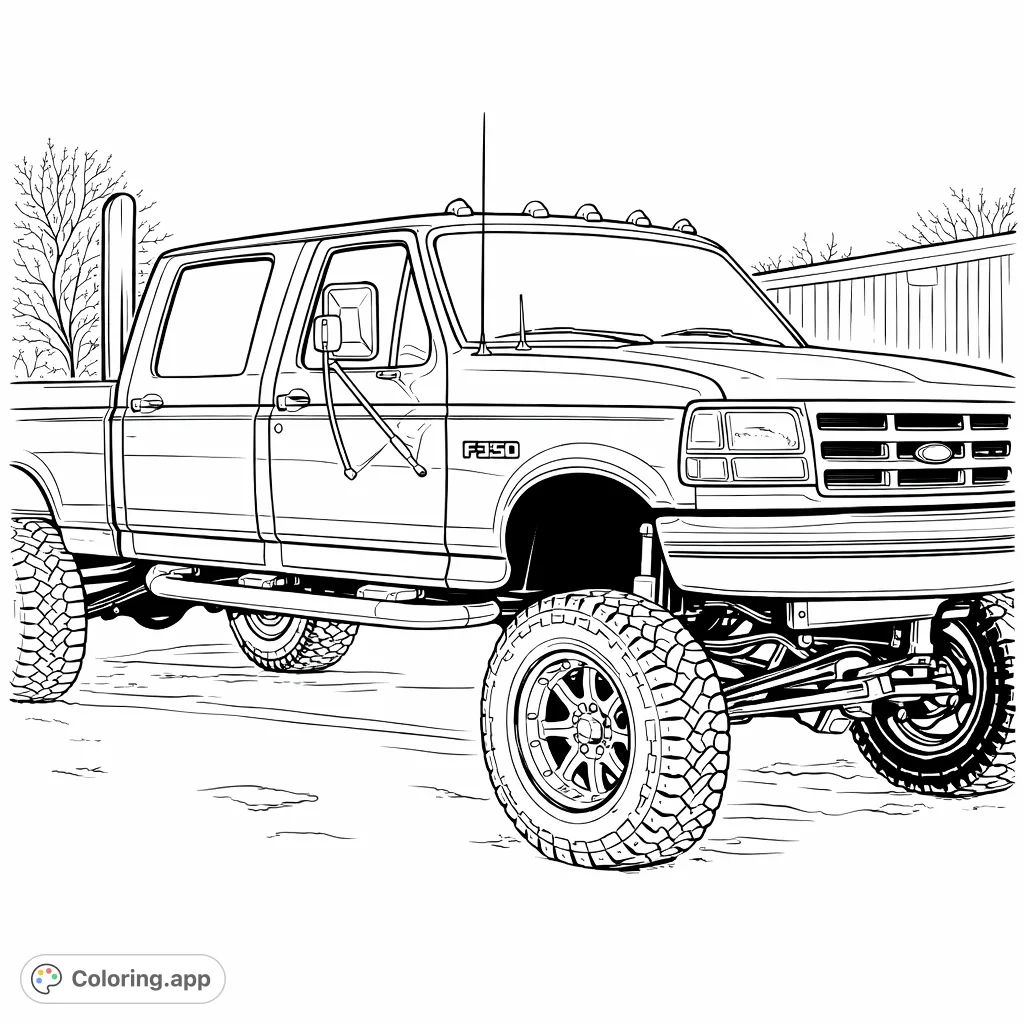 Color a mighty F350 pickup truck with huge tires, chrome accents, and massive exhaust stacks. Perfect for vehicle enthusiasts!