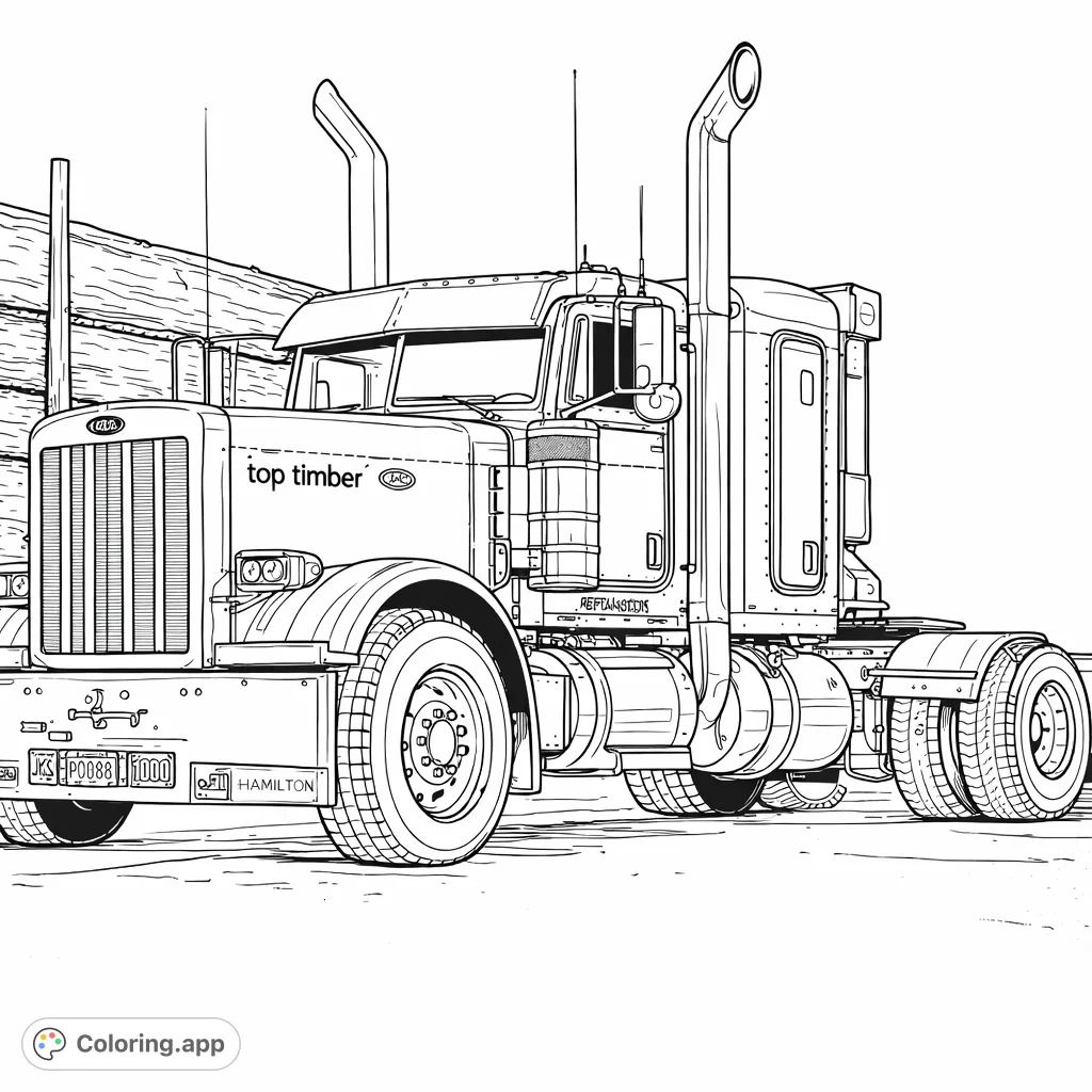 Color a powerful logging truck loaded with timber, featuring detailed chrome accents, rugged tires, and a classic heavy-duty design. Ideal for vehicle enthusiasts.