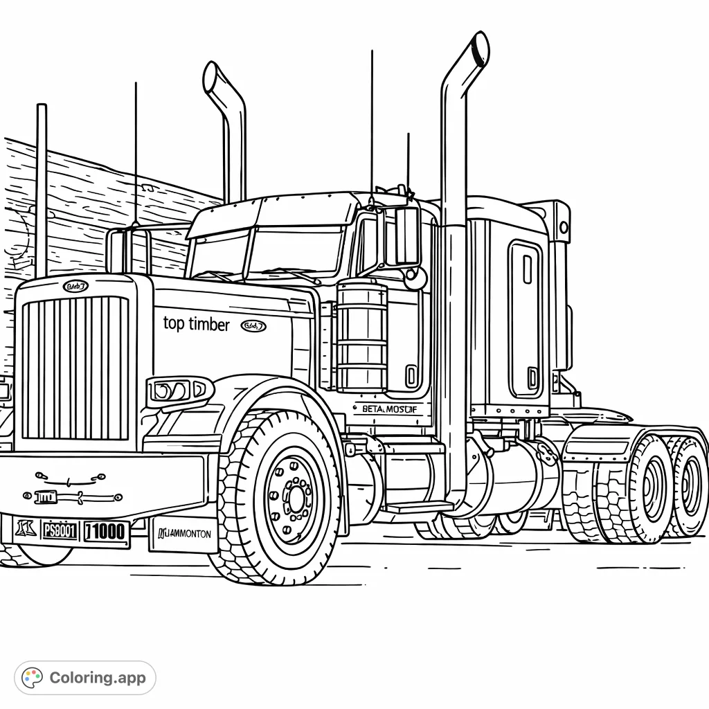 Color this powerful logging truck, complete with a load of timber and intricate details. Perfect for vehicle enthusiasts of all ages!