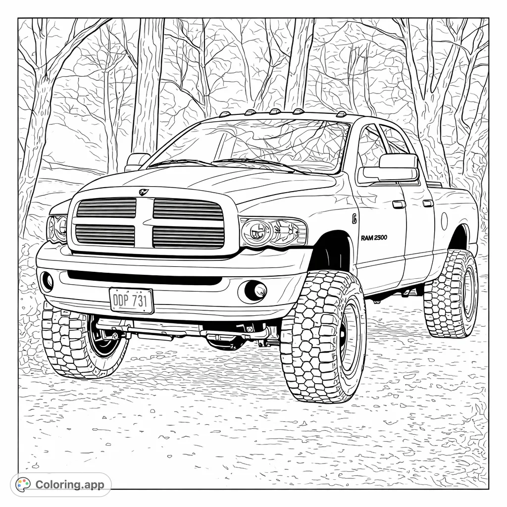 Color a rugged, lifted pickup truck with massive tires, a bold grille, and detailed exterior. Perfect for automotive enthusiasts and off-road fans.