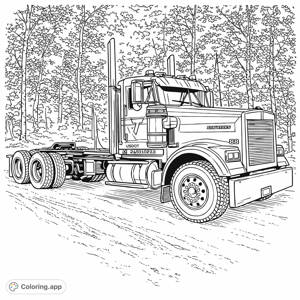 A robust semi-truck awaits on a rural road, offering detailed mechanical elements and a natural forest backdrop for a challenging coloring experience.