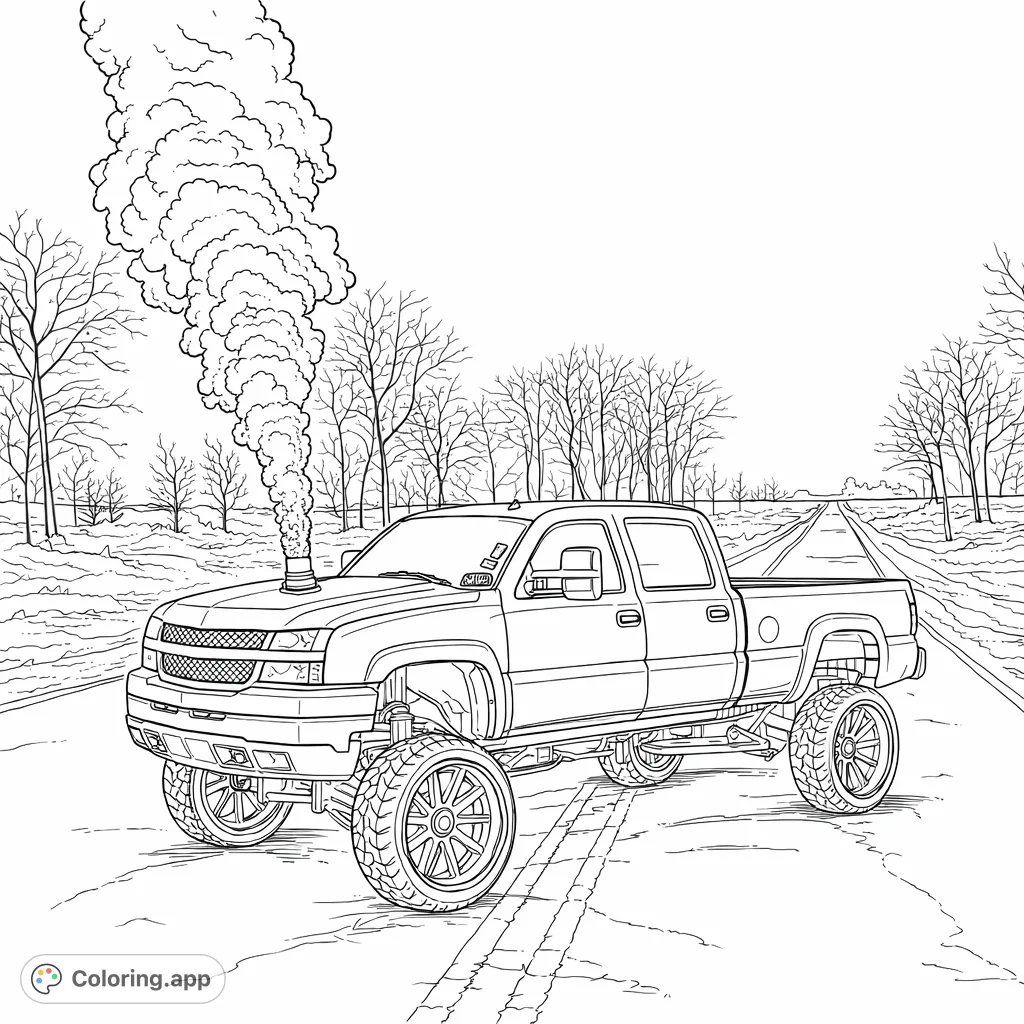 Color a robust, lifted pickup truck with an impressive exhaust plume on a rural road. Features bare trees and a wide-open sky for a dramatic scene.