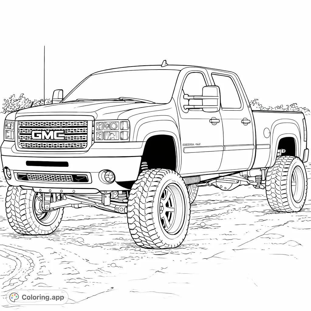 Color a robust, lifted pickup truck with massive tires, ready for adventure on a dusty trail. Perfect for vehicle enthusiasts and off-road fans.