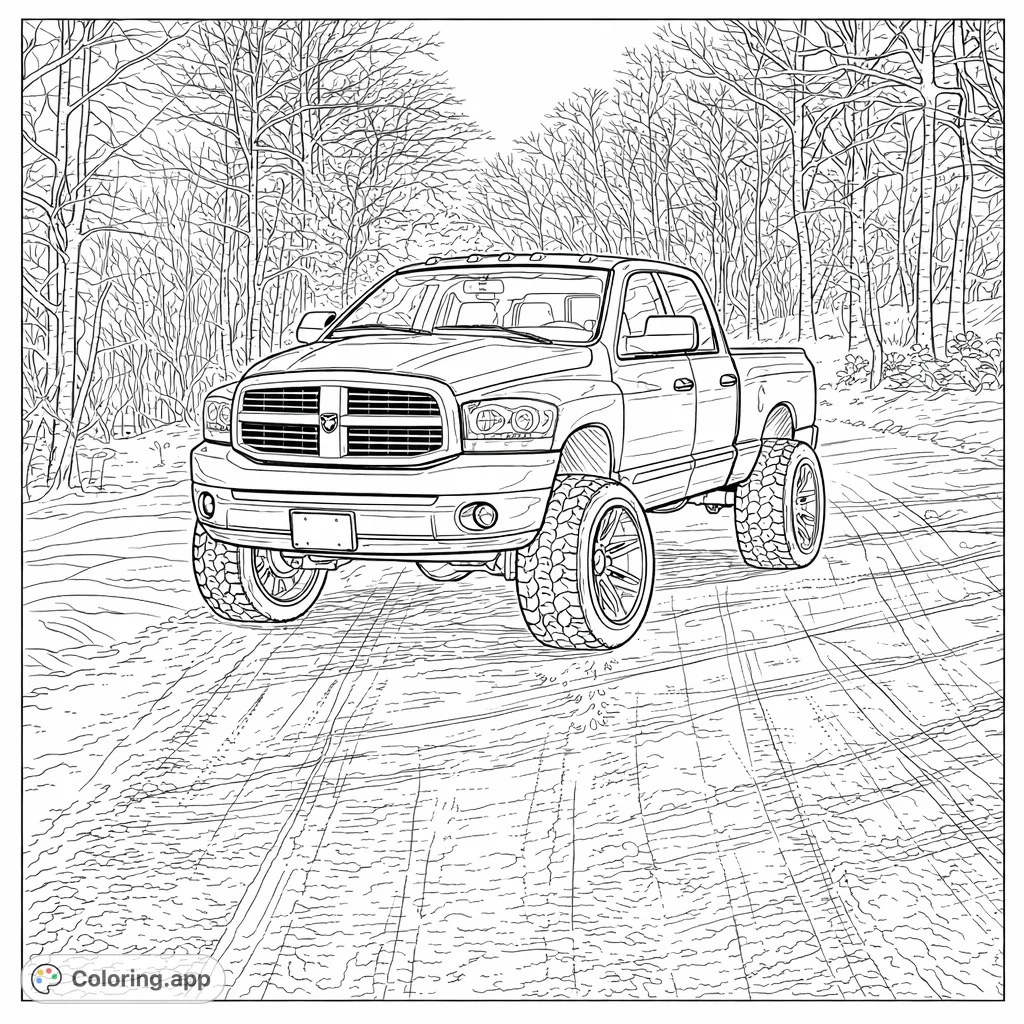 Color a powerful lifted pickup truck navigating a snowy road through a winter forest. Detailed design for vehicle enthusiasts.
