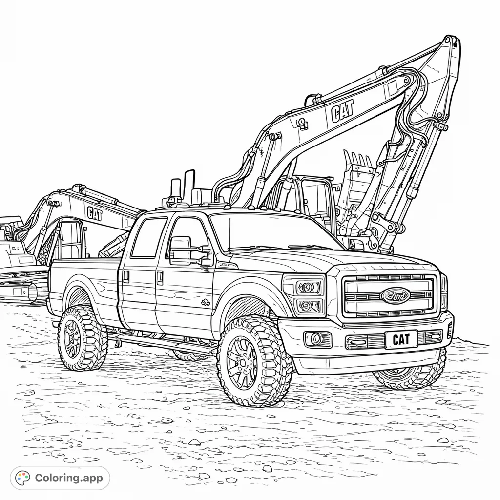 A robust pickup truck stands proudly before colossal excavators on a construction site. This heavy machinery page is perfect for vehicle enthusiasts.