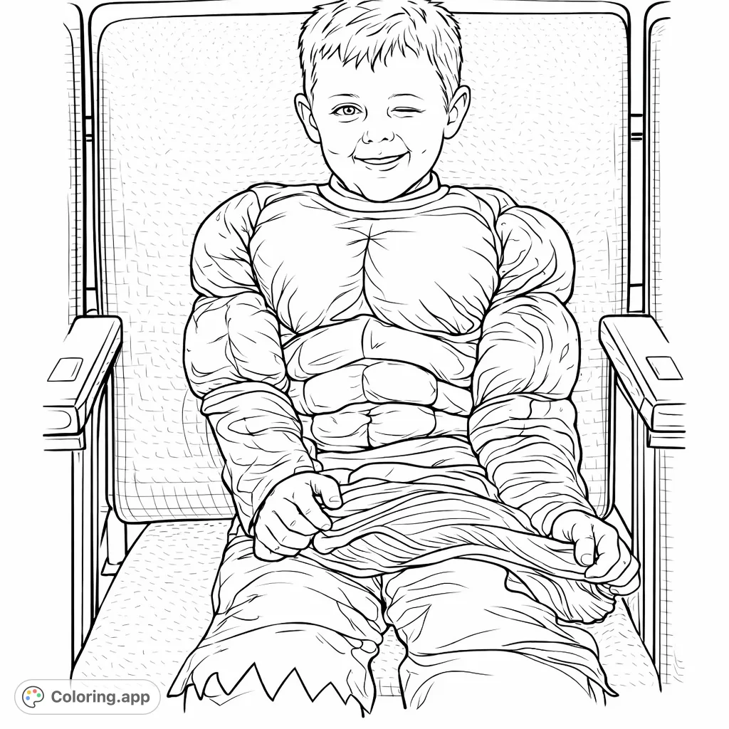 A young child in a playful muscle costume, winking and smiling from an audience seat. Perfect for superhero fans and imaginative play.