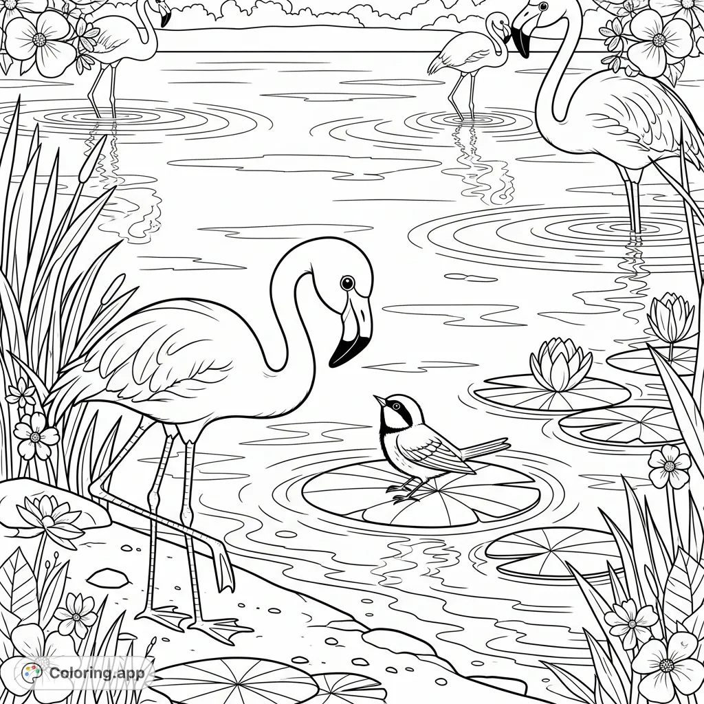 Discover a tranquil flamingo lake scene, featuring a delicate flamingo interacting with a tiny songbird. Perfect for a relaxing and detailed coloring experience.