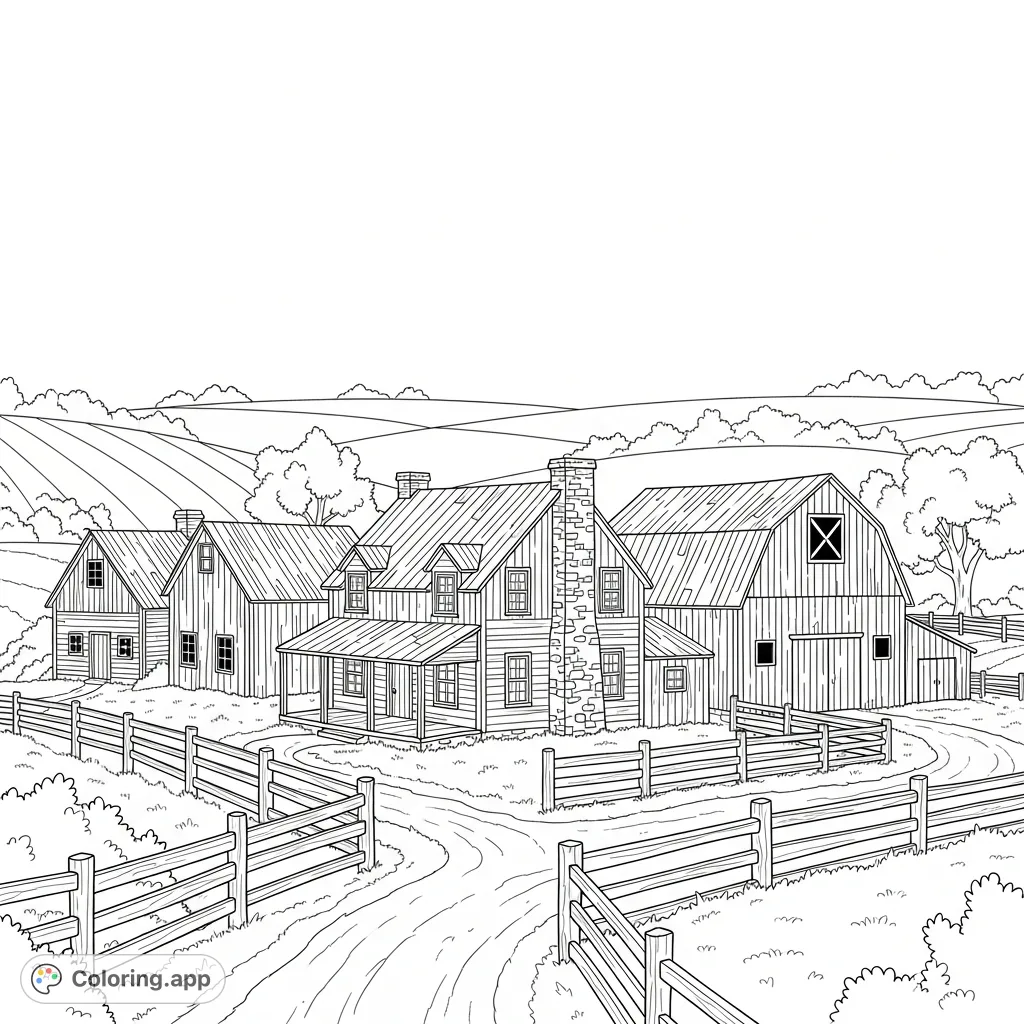 Explore the charm of old wooden farmhouses in a serene country setting. A free printable farmhouse coloring page perfect for all ages.