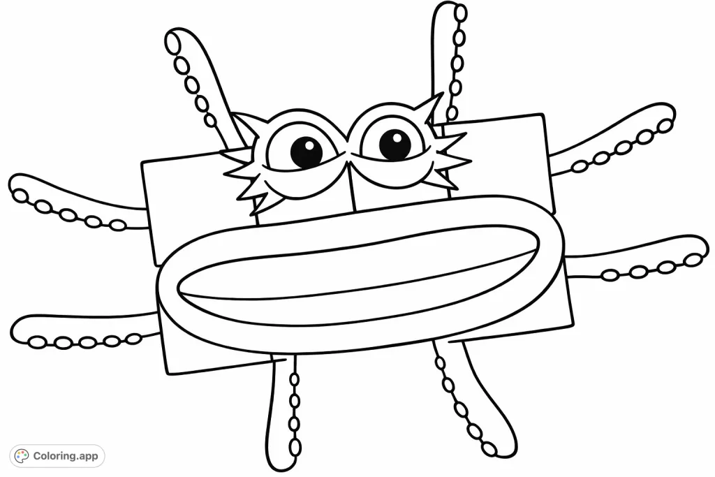 A fun, block-shaped character with eight squiggly limbs and a wide smile. Perfect for kids to color their favorite number-inspired friend.