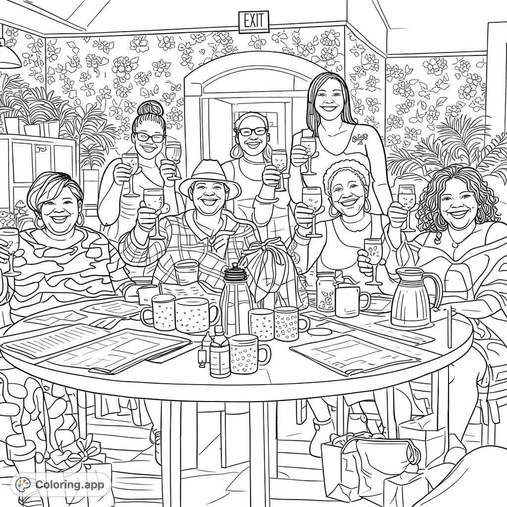 Join a joyous celebration! This lively coloring page features a group of seven friends raising glasses in a toast around a table, surrounded by intricate details.