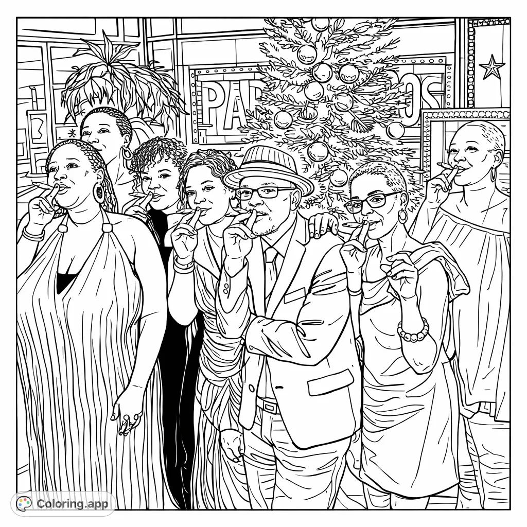 Join this lively group in a festive setting, complete with a decorated tree. Perfect for celebrating special moments and adding your unique touch to their joyful gathering.