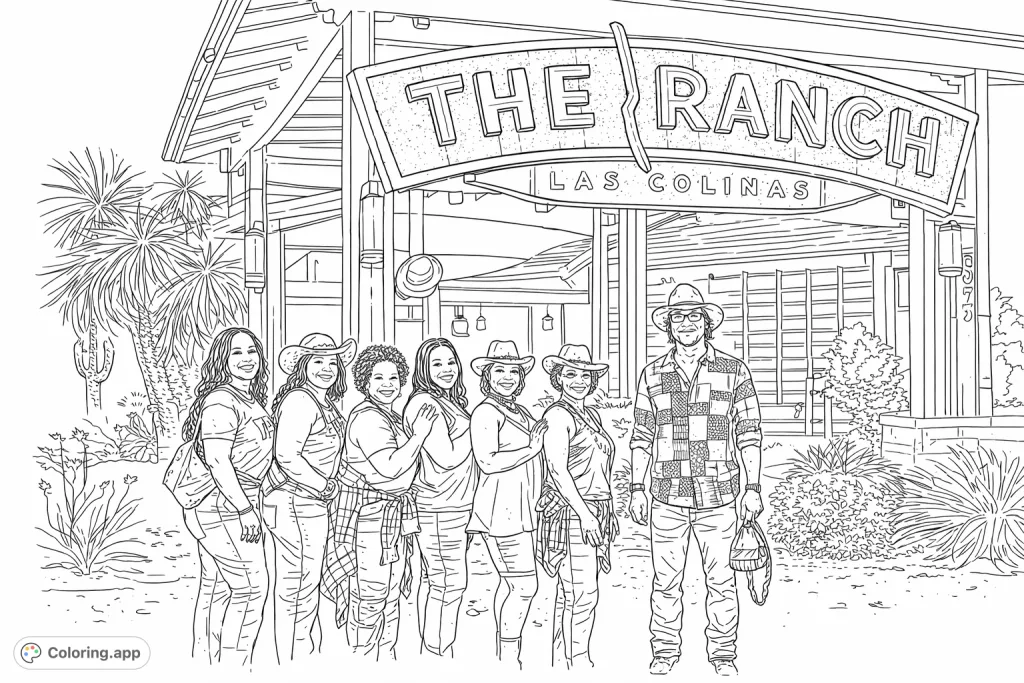 A lively group poses in western attire before a distinctive ranch restaurant sign, featuring cowboy hats, denim, and varied patterns.