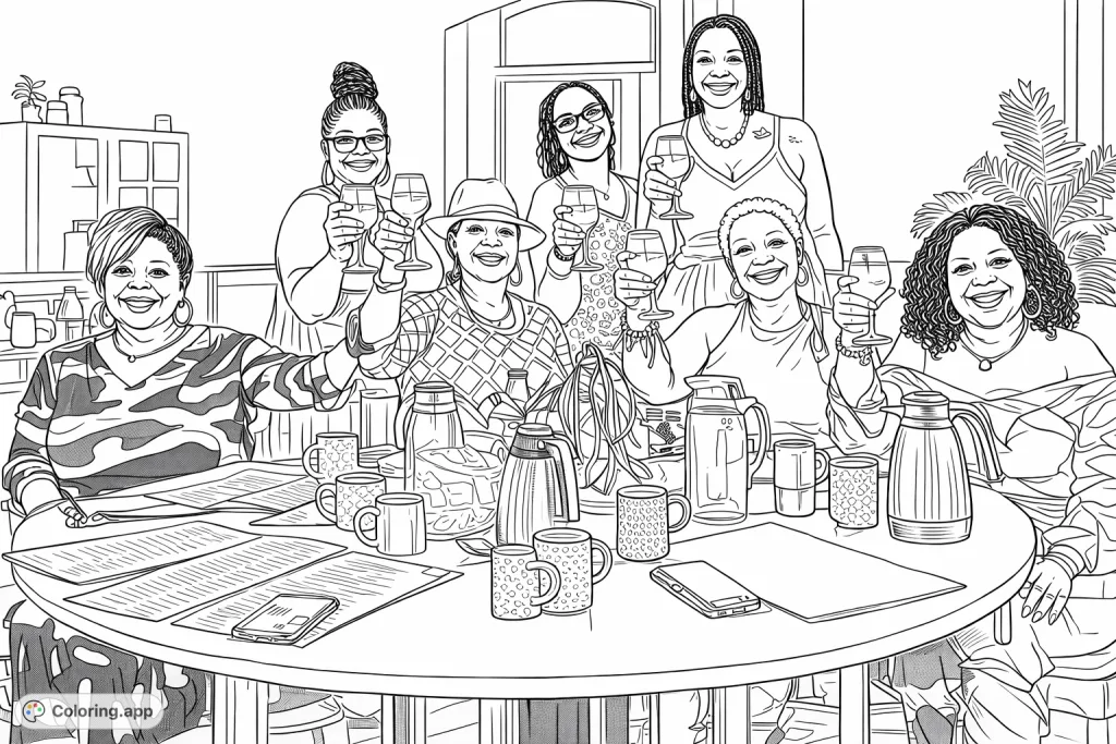 Capture a joyful moment of eight friends celebrating around a table, complete with patterned attire, drinks, and a festive atmosphere.