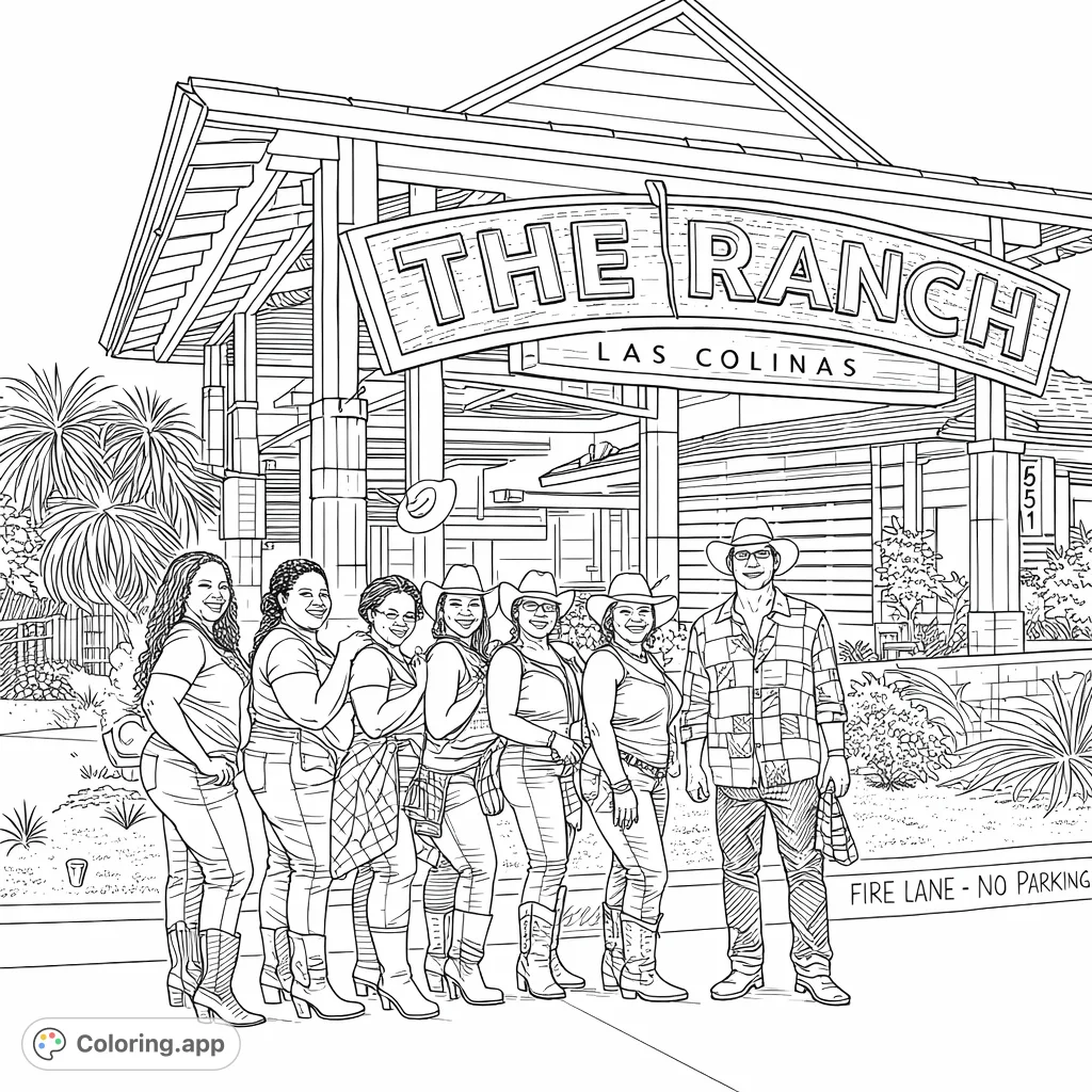 Gather your posse for a Western adventure! This group of friends in cowboy hats and boots poses proudly at The Ranch. Perfect for adding vibrant hues!