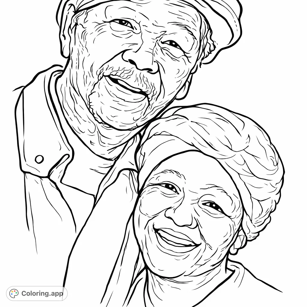 A calming coloring page featuring two serene faces in a peaceful, soft setting. Capture their gentle expressions and the subtle textures of their coverings.