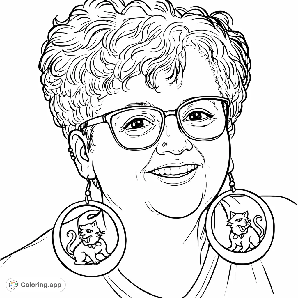 A detailed portrait of a smiling woman featuring striking circular earrings with an artistic profile design, framed by curly hair and glasses.
