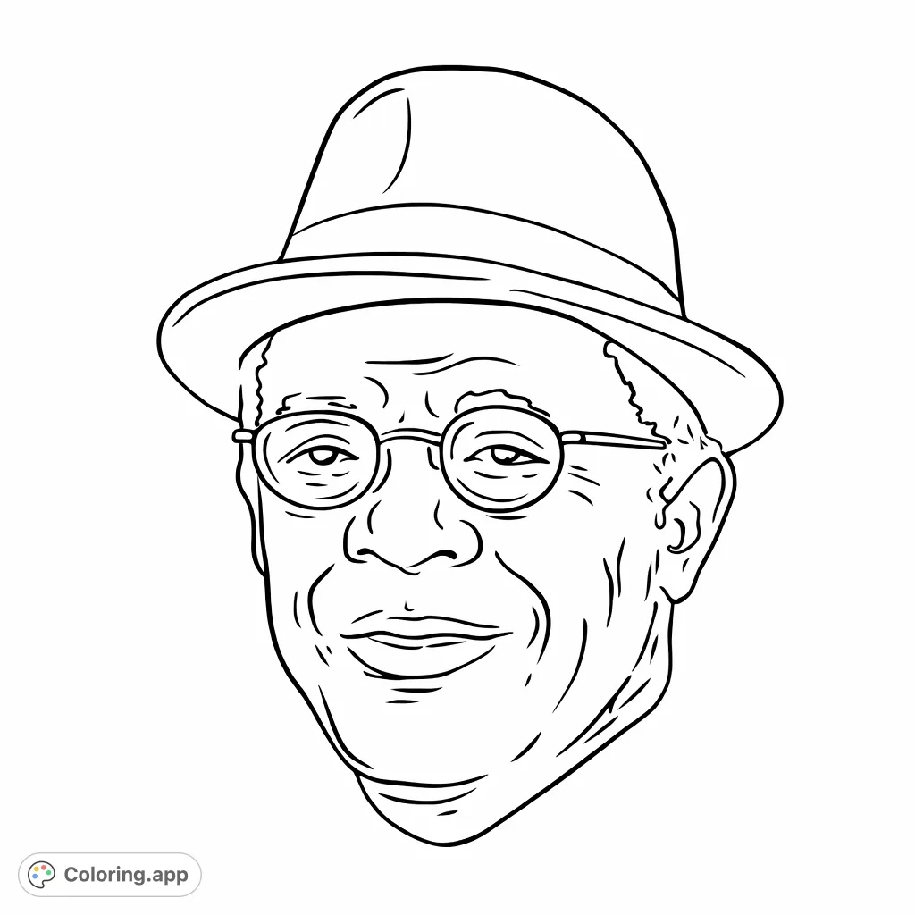 Engaging portrait coloring page of a person with a hat and facial hair, framed softly for a classic appeal. Great for art lovers.