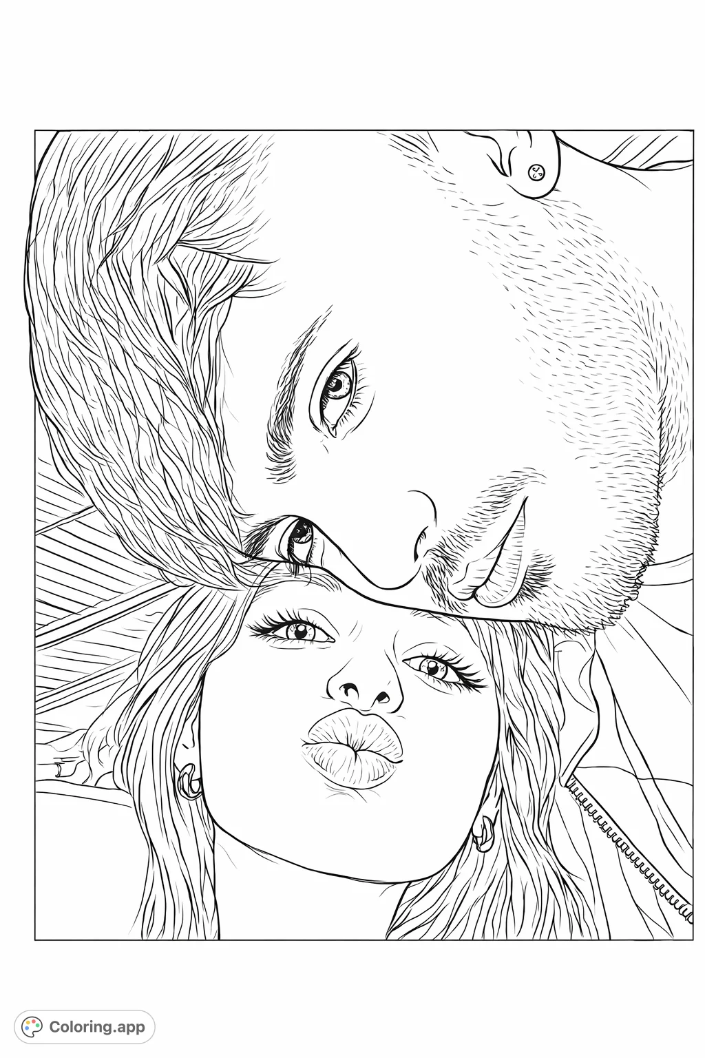 Capture a sweet close-up of a couple, one giving a playful pout and the other gazing intently. Perfect for personalizing with your unique touch.