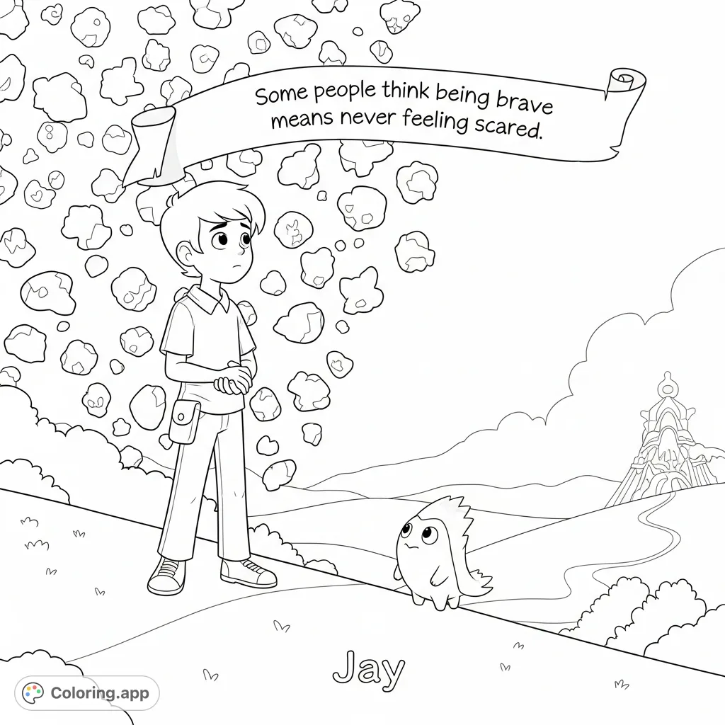 Explore bravery with Jay, who stands thoughtfully amidst abstract shapes and a wise message. A free printable bravery coloring page for all ages.