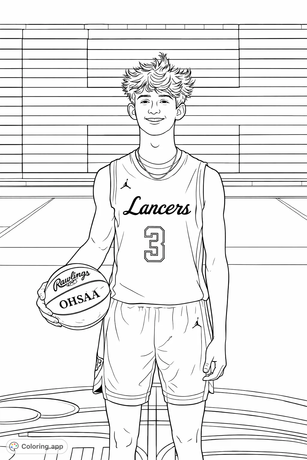 A smiling basketball player, holding a ball, stands ready on the court. Perfect for sports fans to customize with team colors and personal flair!