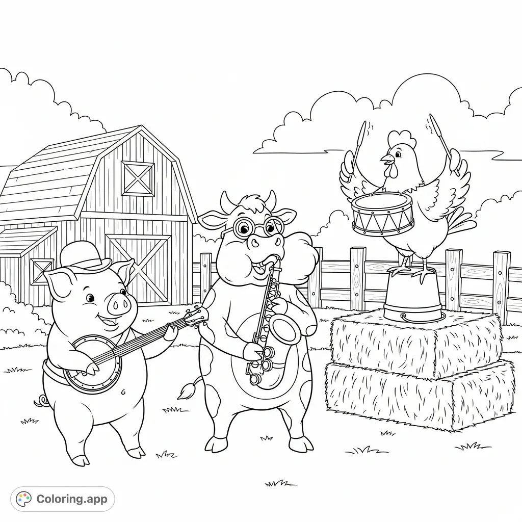 Join a lively farm animal concert! A pig on banjo, cow on saxophone, and chicken on drums perform in a sunny barnyard scene, perfect for creative expression.