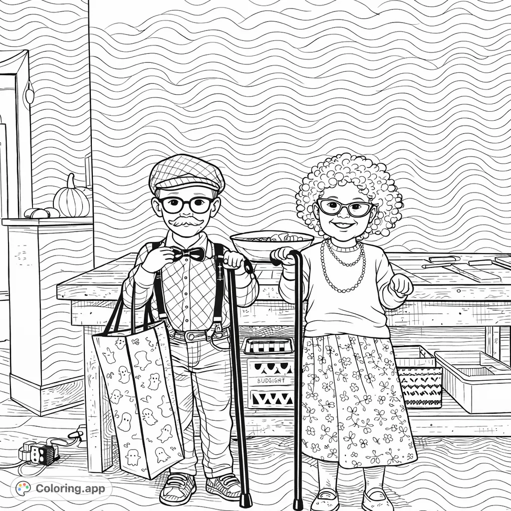 Two kids dressed as charming elderly characters, complete with fun costumes and accessories. A delightful old folks costume coloring page!