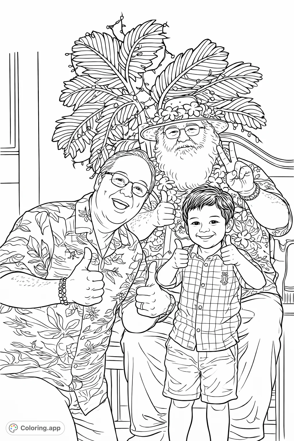 A joyful tropical scene featuring three smiling individuals: an adult, a child, and a cheerful bearded figure with a lei, all giving thumbs up. Perfect for a festive coloring page.