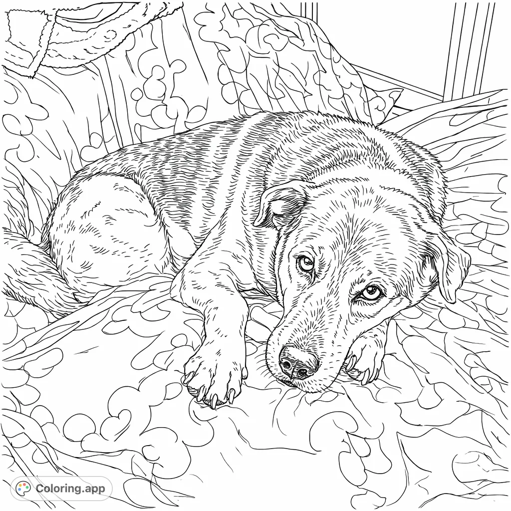 A gentle dog rests comfortably on a patterned blanket, gaze fixed. This free printable dog coloring page is perfect for all ages, offering a serene scene.