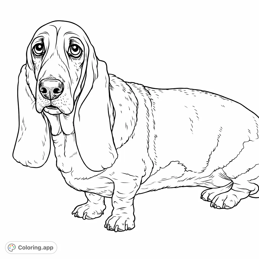 Color this charming Basset Hound with its signature long ears and soulful expression. A delightful free printable dog coloring page for kids and adults, perfect for animal lovers.
