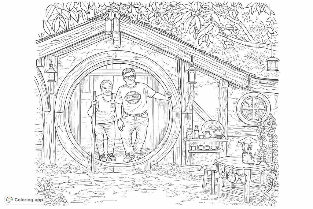 A charming whimsical hillside dwelling with a round door and an inviting artistic setup. Perfect for fantasy fans and those seeking a cozy escape.