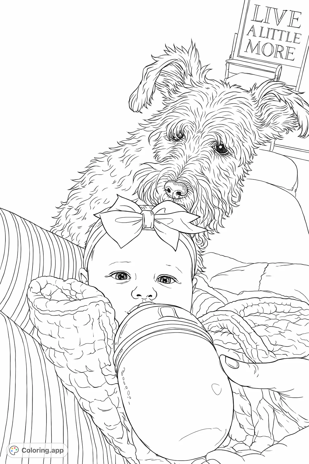 A heartwarming scene featuring an adorable baby with a bow, being fed by a hand, while a curious, shaggy dog peeks over, creating a tender moment of companionship.