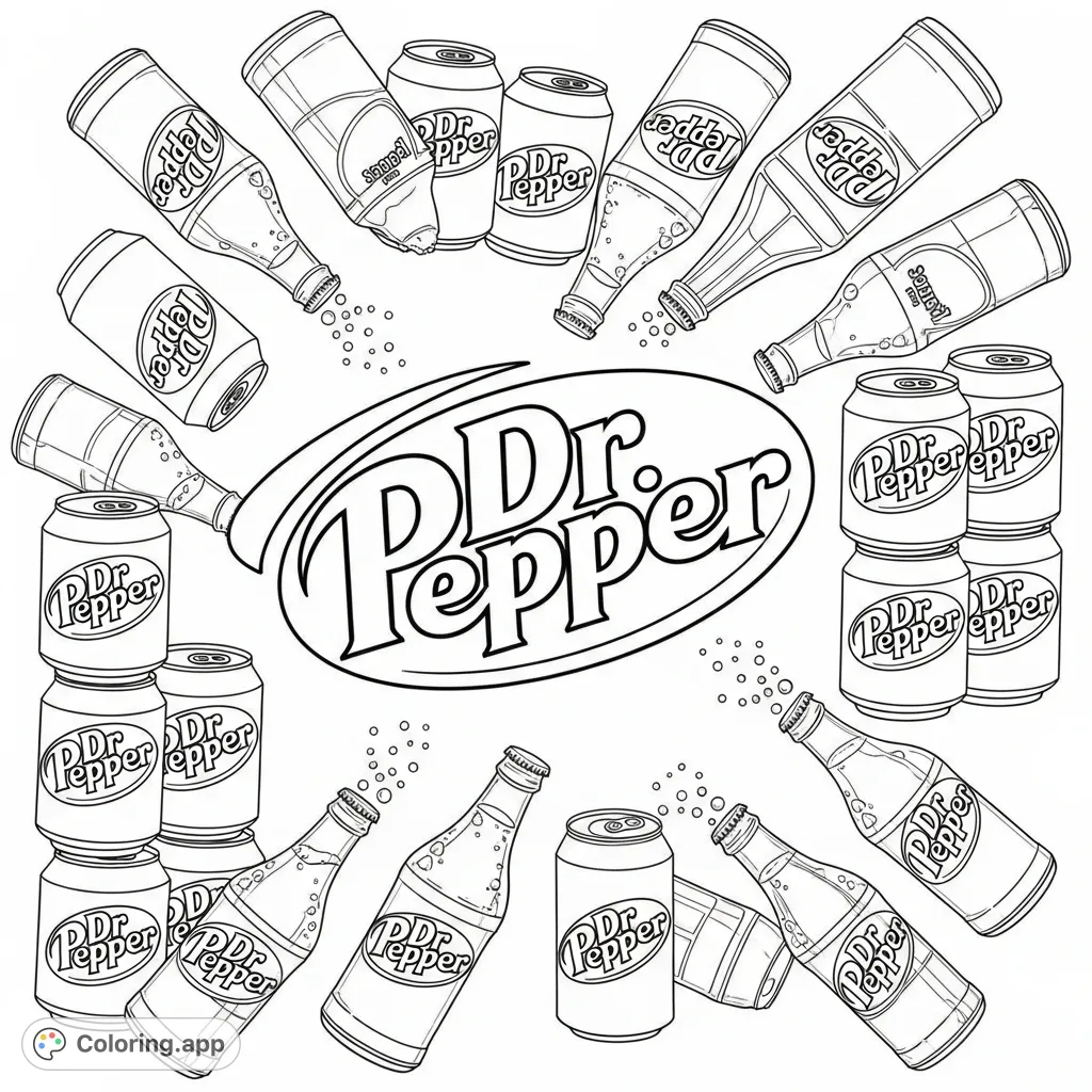 A vibrant Dr. Pepper coloring page featuring the iconic logo surrounded by a lively assortment of cans, bottles, and effervescent bubbles.