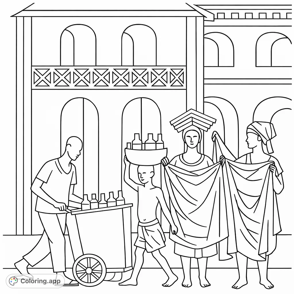 Capture a lively street market scene with diverse figures, architectural details, and a bustling community atmosphere. Perfect for all ages!