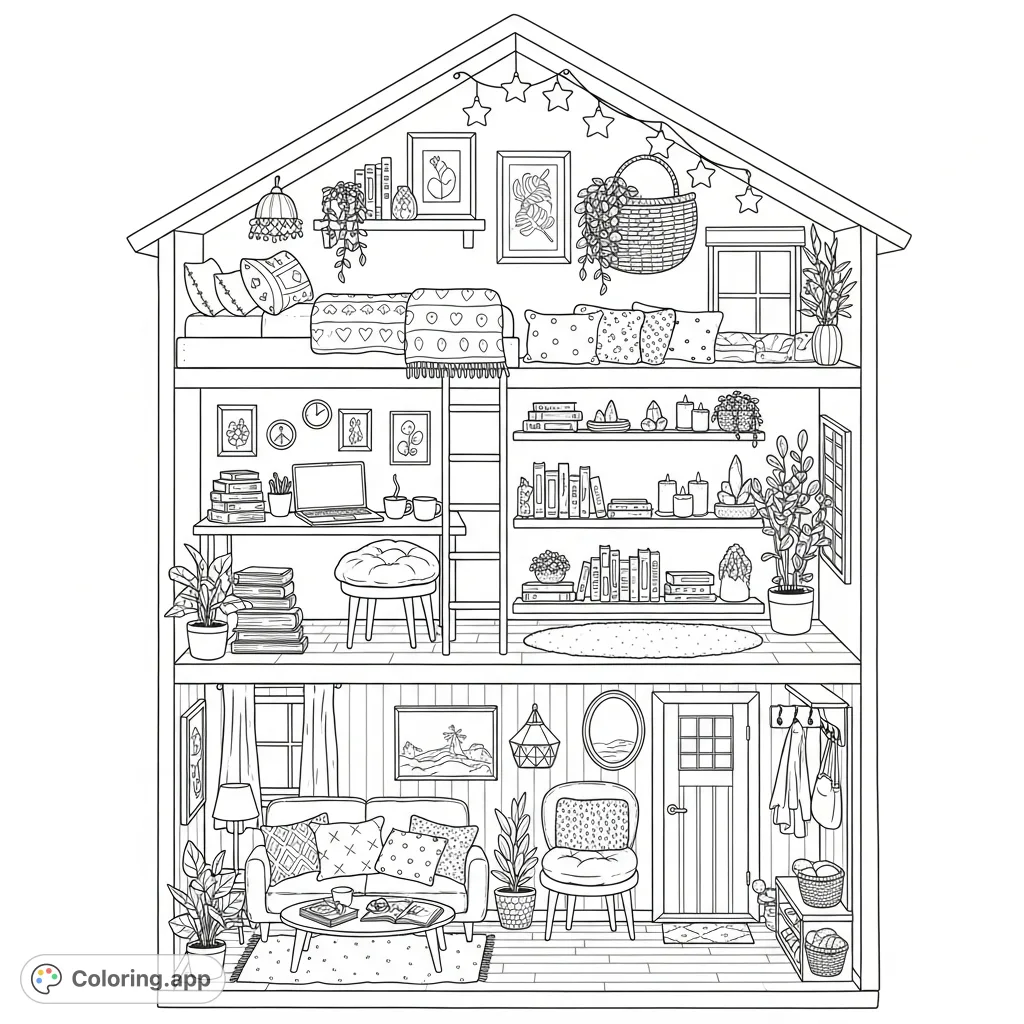 Explore a charming, meticulously detailed three-level miniature house featuring a cozy bedroom loft, a creative study lounge, and a welcoming living area filled with intricate decor.