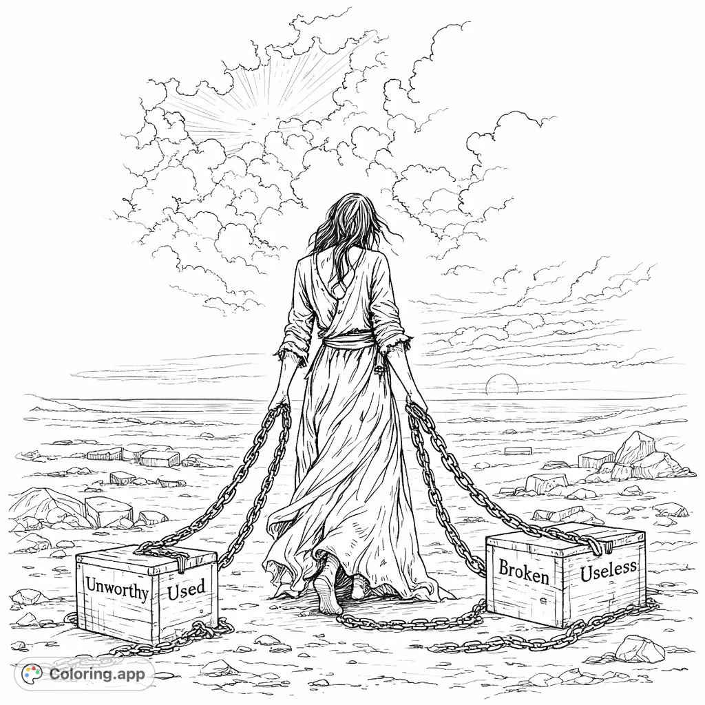 Journey with a figure carrying symbolic burdens across a vast, desolate landscape under a dramatic sky. A reflective and engaging coloring experience.