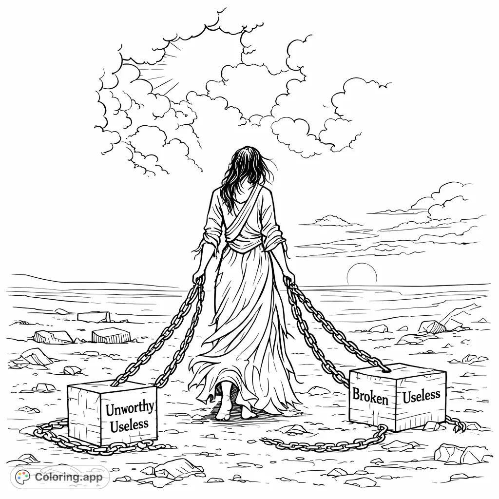 Color a poignant scene of a lone figure pulling chained blocks across a desolate landscape towards a distant horizon under a dramatic sky. A reflective, hand-drawn sketch.