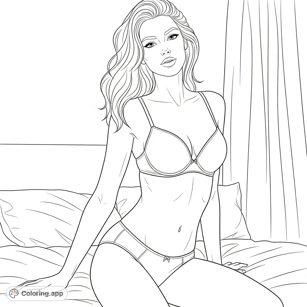 Explore the contours of a female figure in a sensual pose, clad in delicate bra and panties. An intimate portrait for adult colorists.