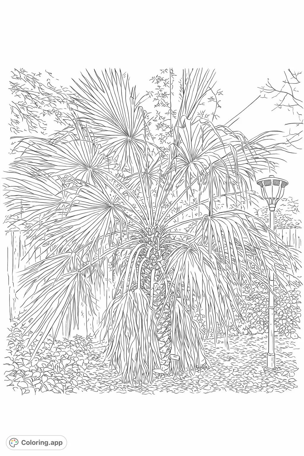 A realistic palm tree coloring page with a detailed trunk and fanned fronds. This free printable tropical coloring page offers a relaxing escape for adults and kids.