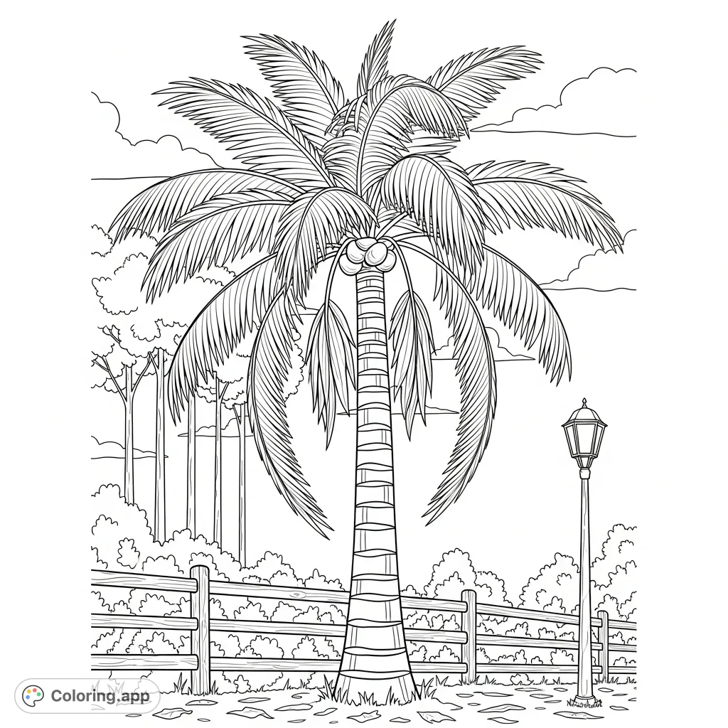 Discover a serene palm tree scene featuring a textured trunk, fanned fronds, a rustic fence, and a classic street lamp. Perfect for nature enthusiasts!