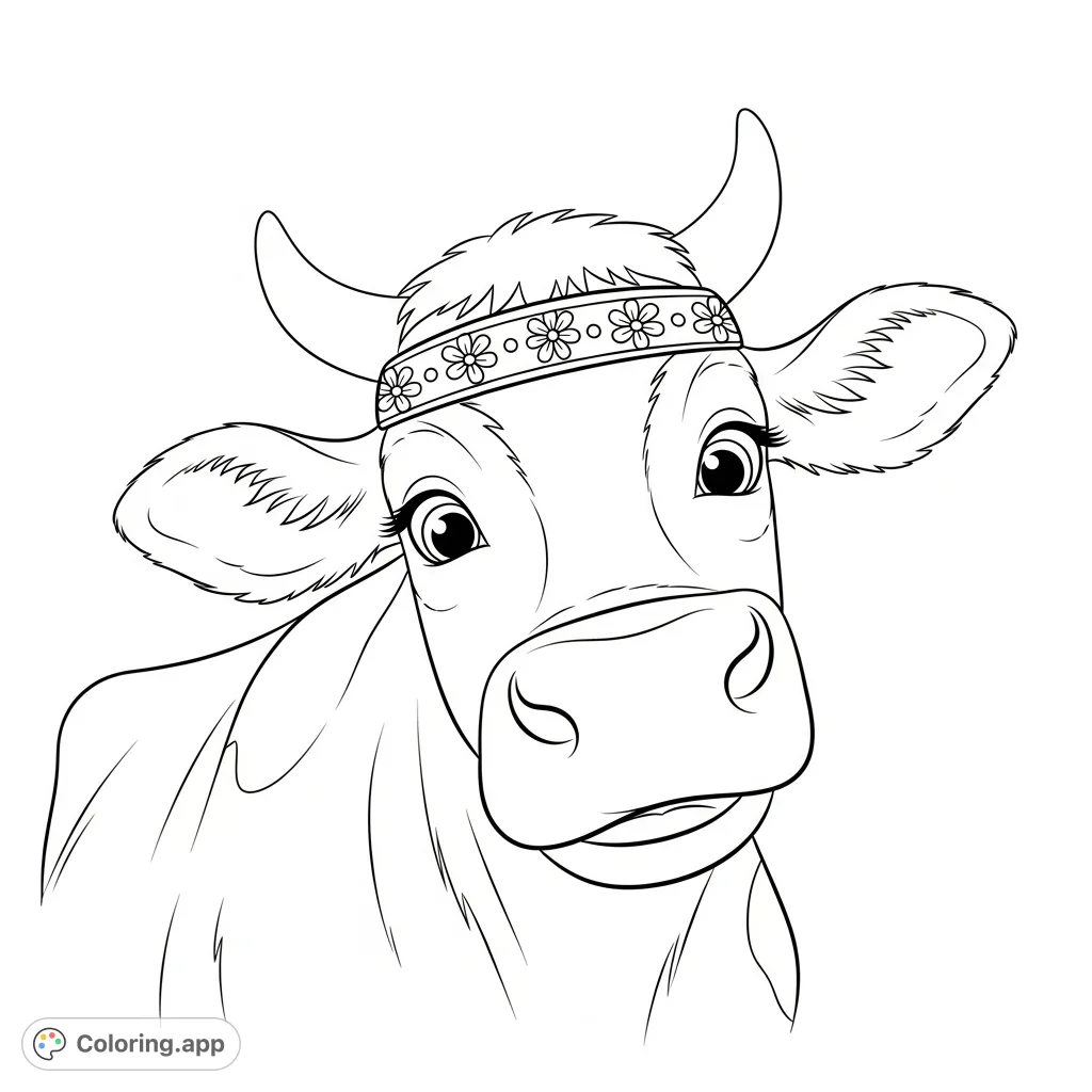 A delightful happy cow wearing a charming headband. This adorable animal coloring page features a cheerful farm friend ready for a creative splash of color.