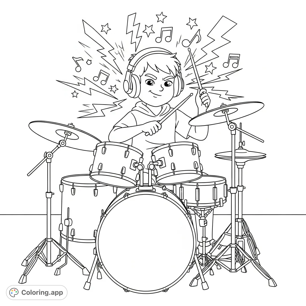 A dynamic coloring page featuring a middle school boy with a cute smirk, intensely playing a classic drum set, headphones on, against a rock and roll wall.