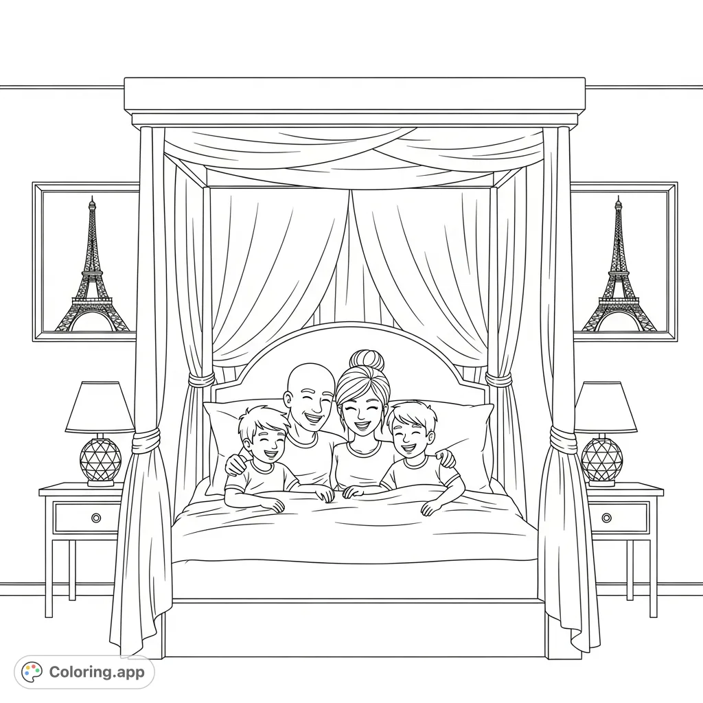 Discover a heartwarming family bedroom coloring page featuring a snuggling family of four in a canopy bed, with Eiffel Tower art and cozy details.