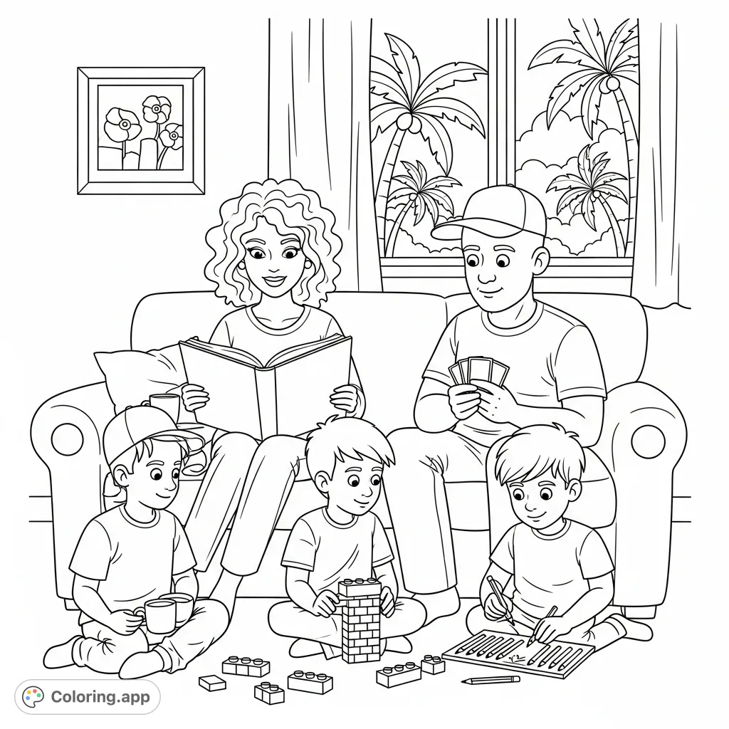 A heartwarming family of four enjoying quiet individual activities in their cozy living room, complete with reading, cards, Lego, and coloring fun.
